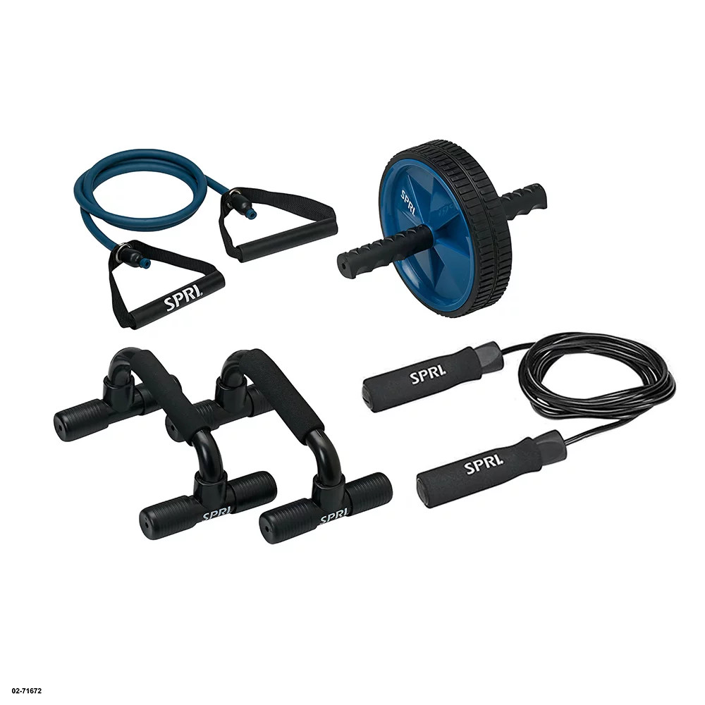 Home Gym Essentials Kit, Includes Jump Rope, Push-Up Bars, Ab Wheel and Medium R