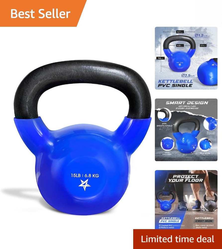 15 LB Vinyl Coated Cast Iron Kettlebell – Perfect for Home Strength Training