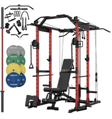 Mikolo Home Gym Power Rack, Adjustable Bench, Cable Attachments, Bumper Plates