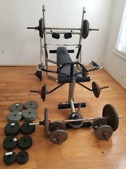 DP Megatech II Weight Bench with Squat/Ab/Leg/Fly Attachments, Bars, and Weights