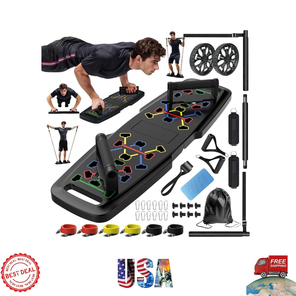 Compact Push Up Board with Pilates Bar & Resistance Bands for Full Body Workouts