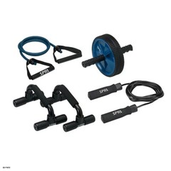 SPRI Home Gym Essentials Kit, Includes Jump Rope, Push-up Bars, Ab Wheel and Med