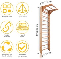 Wooden Wall Stall Bars with Adjustable Pull up Bar – Suitable for Home, School