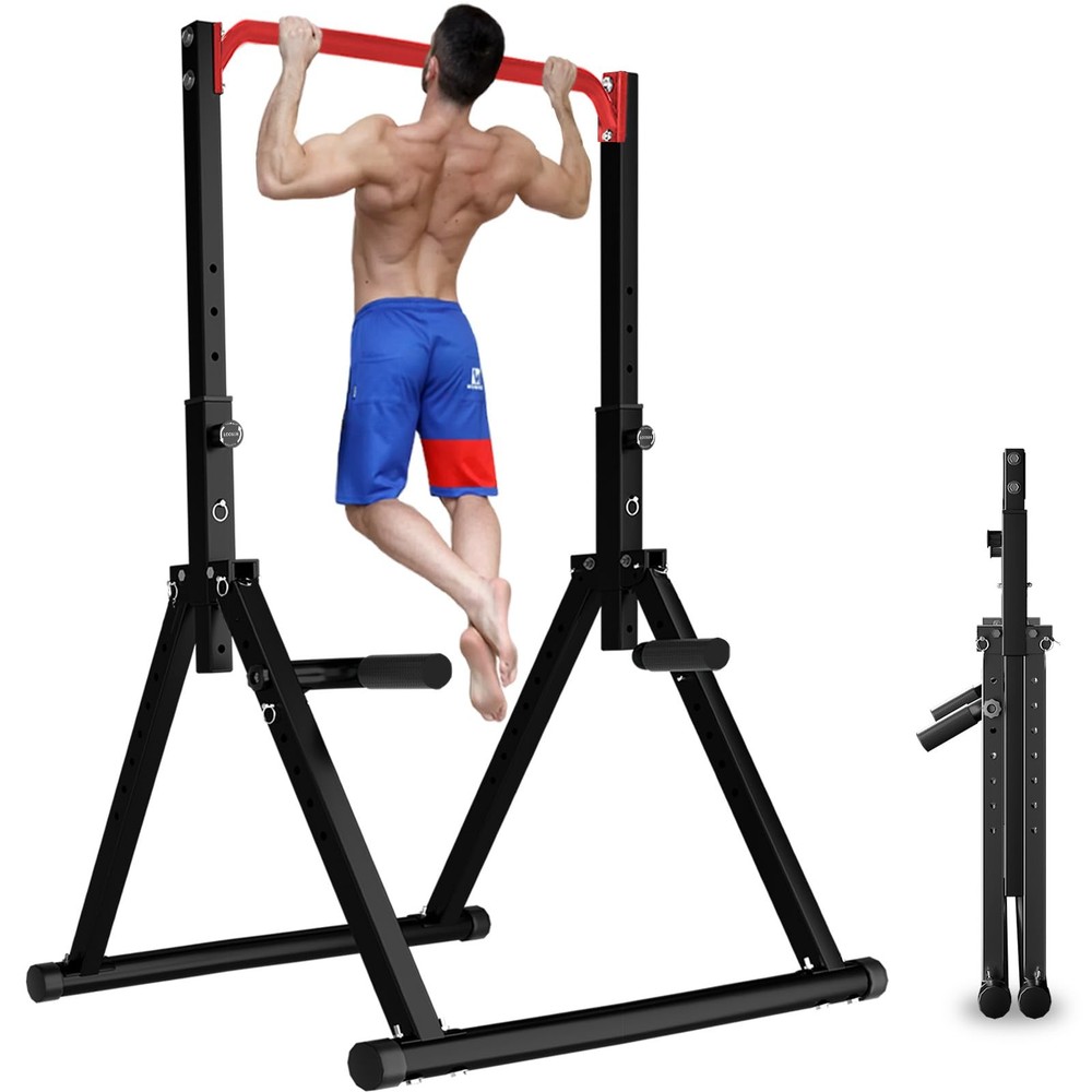 Folding Power Tower Dip Station Pull Up Bar Freestanding Height Adjustable M…
