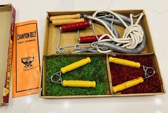 Vtg Champion Belt Home Training Set Gym Equipment Chest Pull Grips Jump Rope NIB