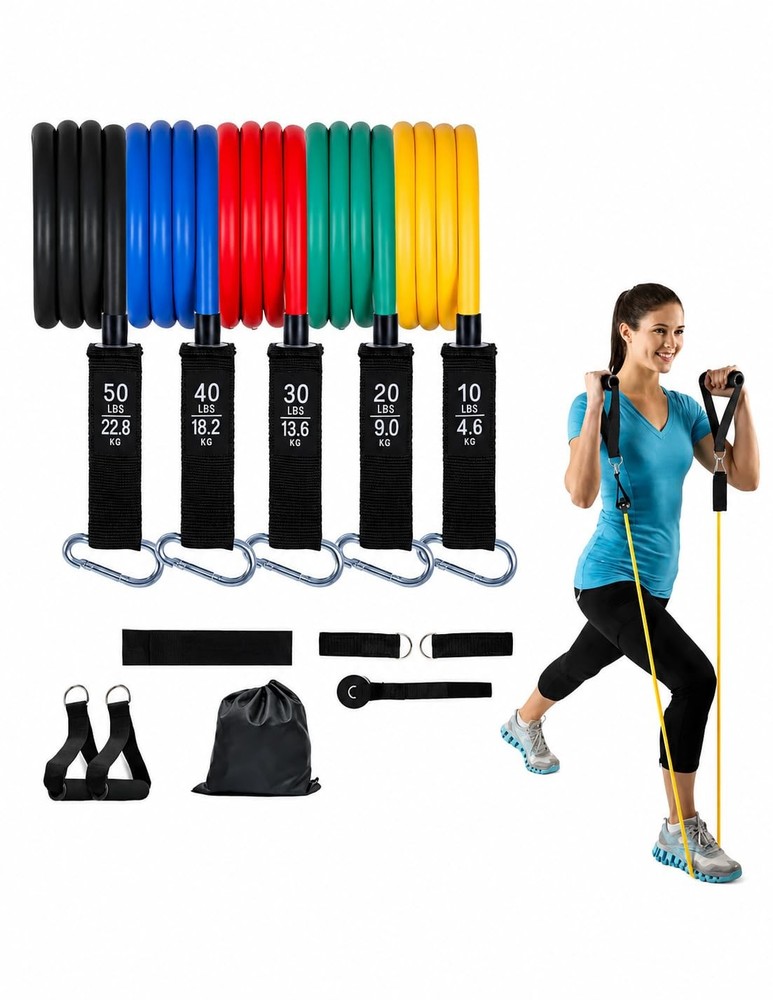 Resistance Bands Set 150 lbs – 5 Stackable Workout with Multicolor